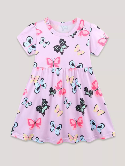 Butterfly Print Casual Dress in Pink Purple for Girls
