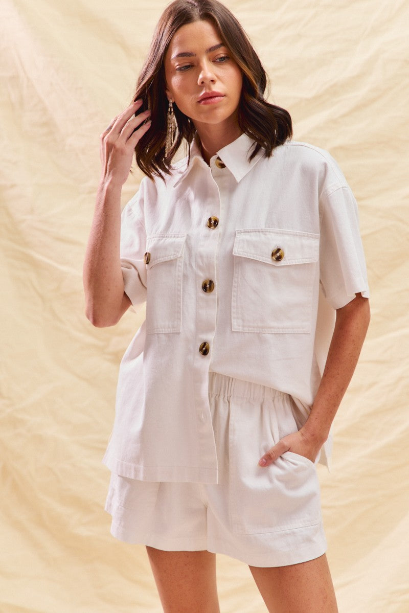 Button Down Denim Game Day Top and Shorts Set in Off White for Women