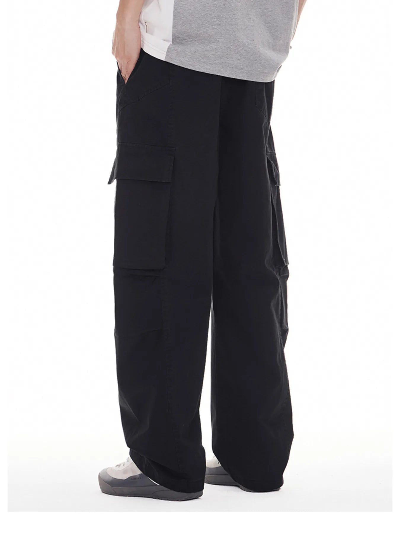Plus Size Wide Leg Cargo Drawstring Pants in Black for Men