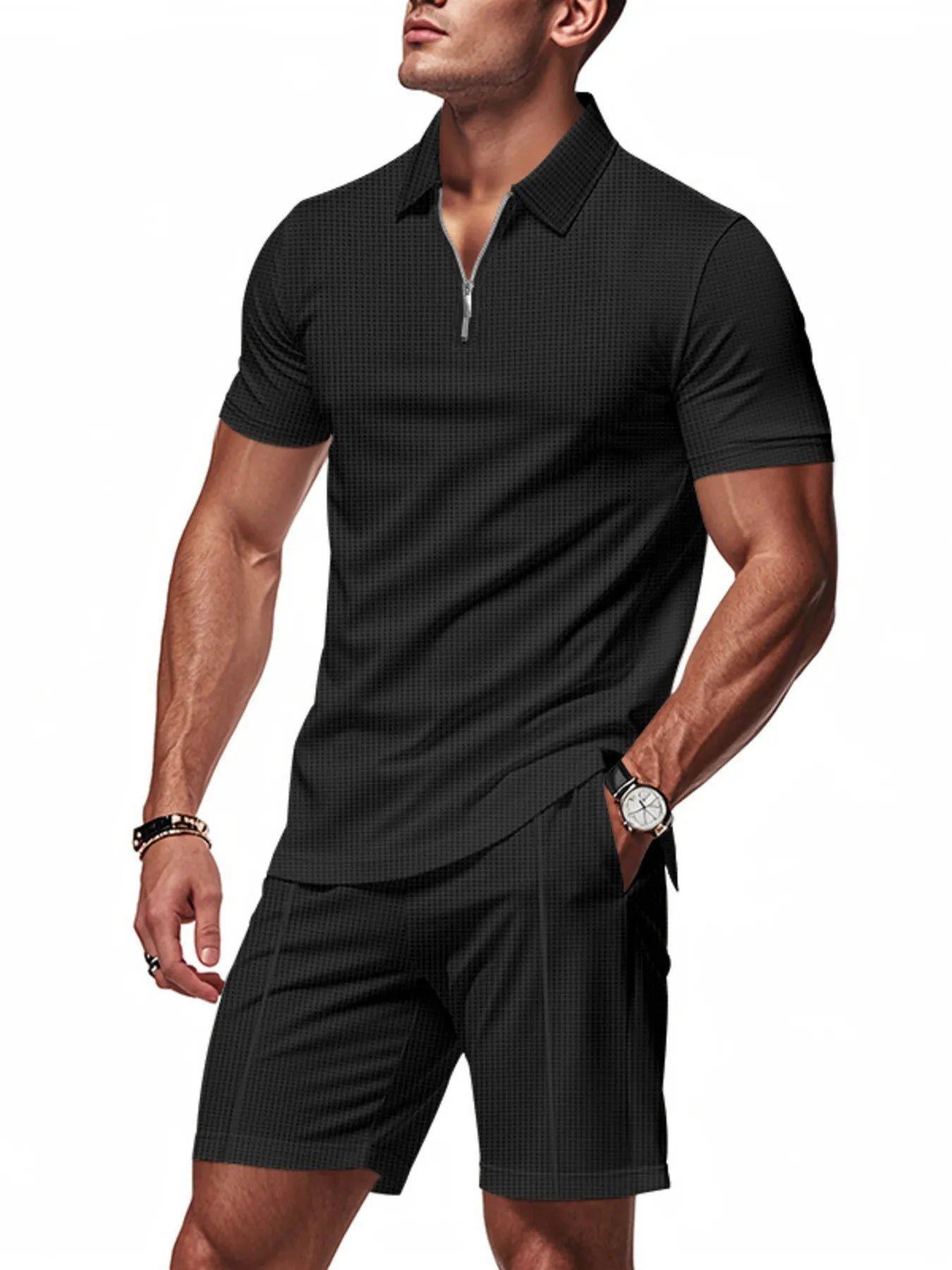 Plus Size Quarter Zip Short Sleeve Top and Shorts Set in Light Blue for Men