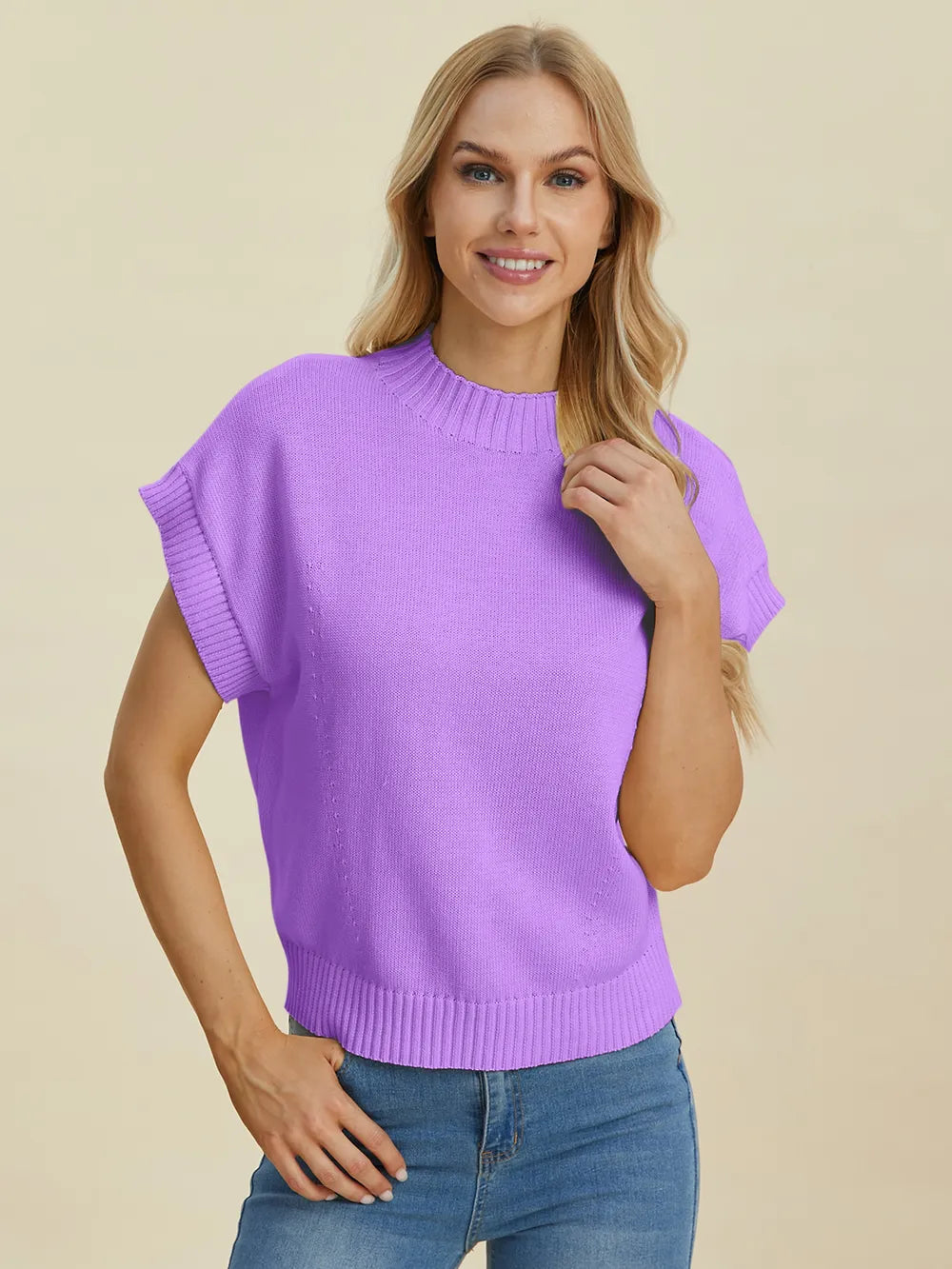 Plus Size Mock Neck Short Sleeve Sweater in Cream for Women