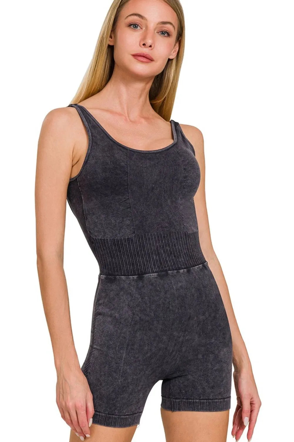 Washed Sports Romper with Removable Bra Pad in Black for Women