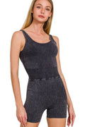 Washed Sports Romper with Removable Bra Pad in Black for Women