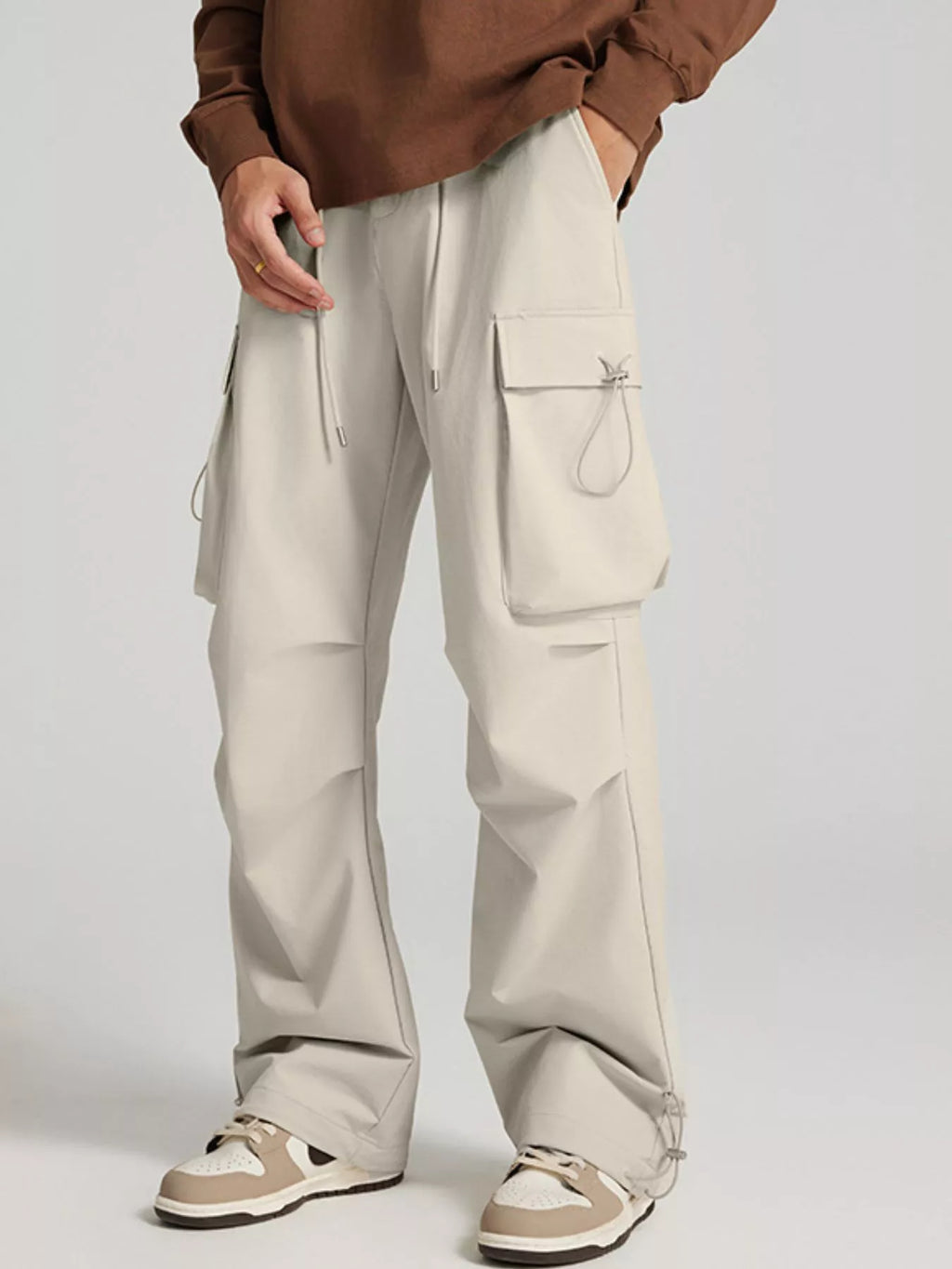 Wide Leg Pants with Cargo Pockets in Black for Men