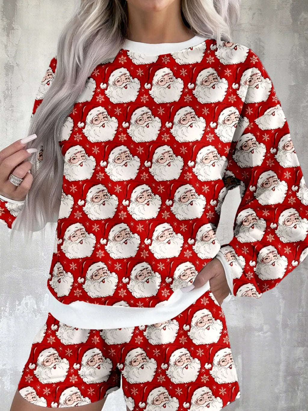 Christmas Santa Print Round Neck Top and Shorts Lounge Set in Deep Red for Women