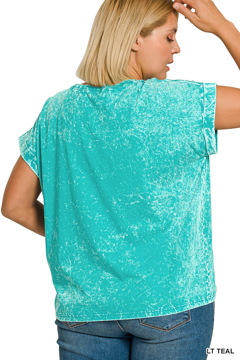 Crinkle Washed Round Neck Folded Short Sleeve Tee Plus Size in Light Teal for Women