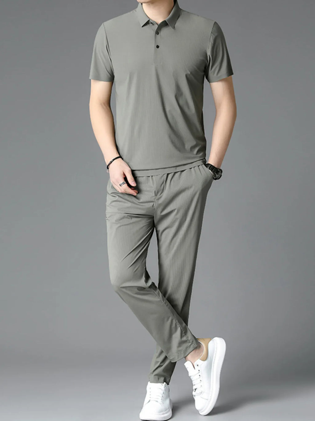 Button Detail Short Sleeve Polo Plus Size in Grey for Men