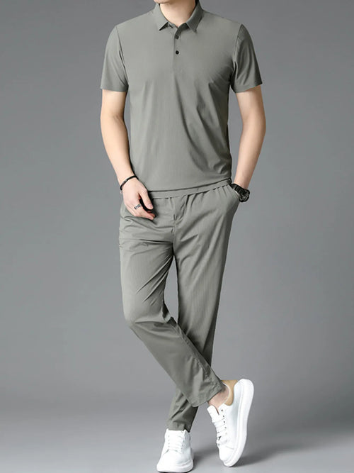 Button Detail Short Sleeve Polo Plus Size in Grey for Men