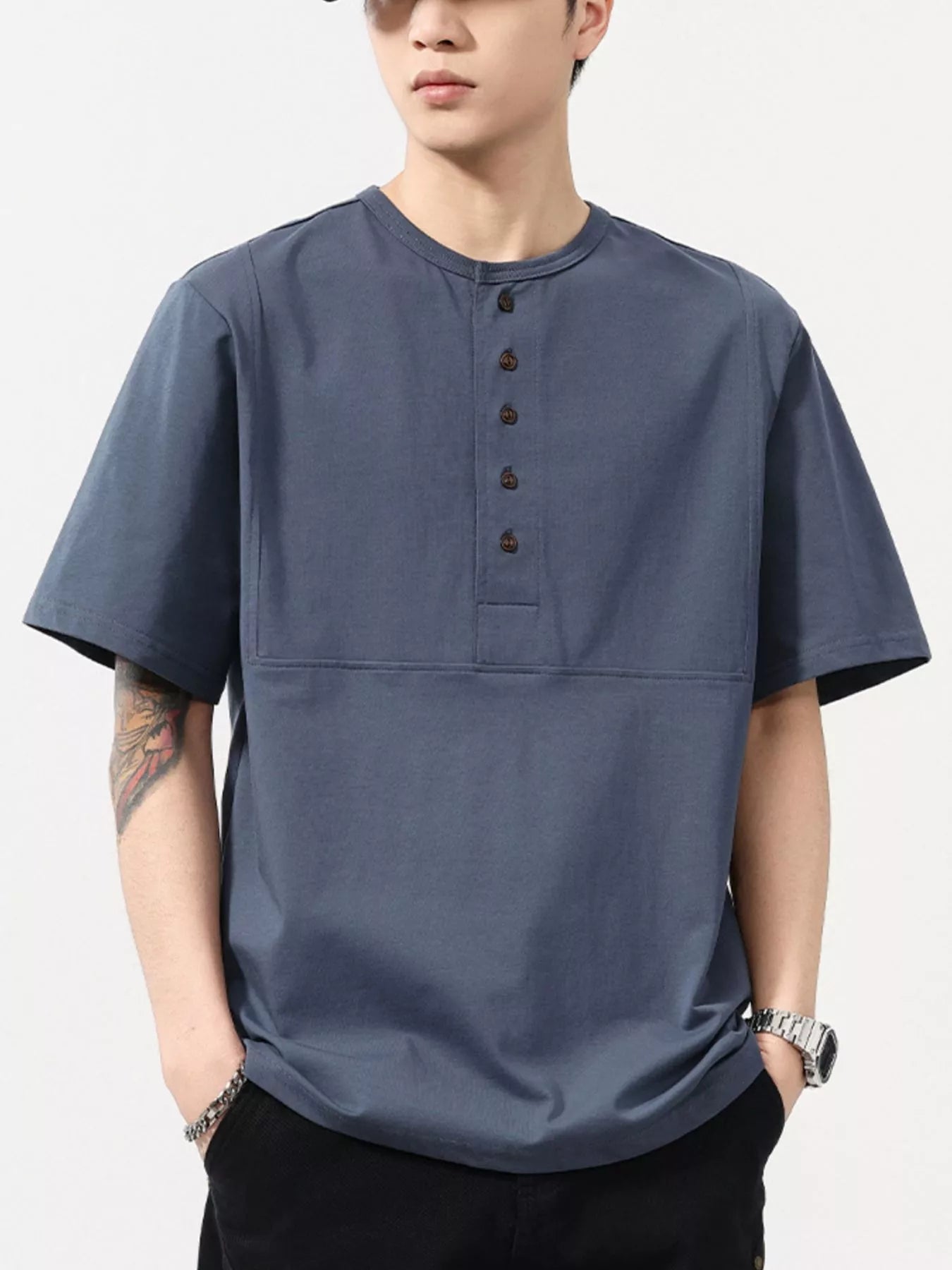 Plus Size Button Detail Short Sleeve T-Shirt in Dark Gray for Men