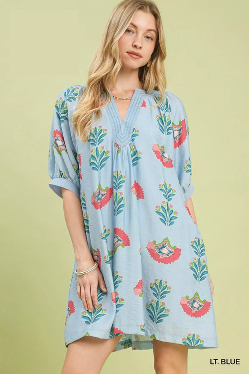 Abstract Print Mini Dress in Light Blue for Women