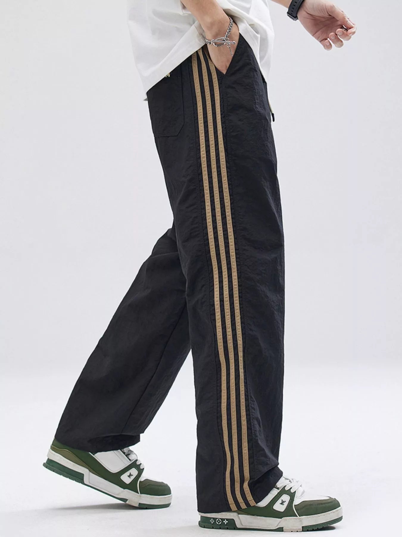 Side Striped Wide Leg Pants Plus Size in Khaki for Men