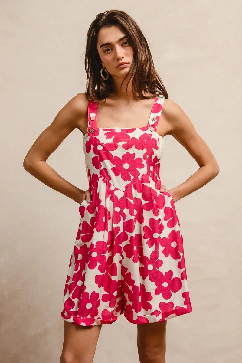 Floral Prints Tuck Detail Short Overall with Pockets in Fuchsia for Women