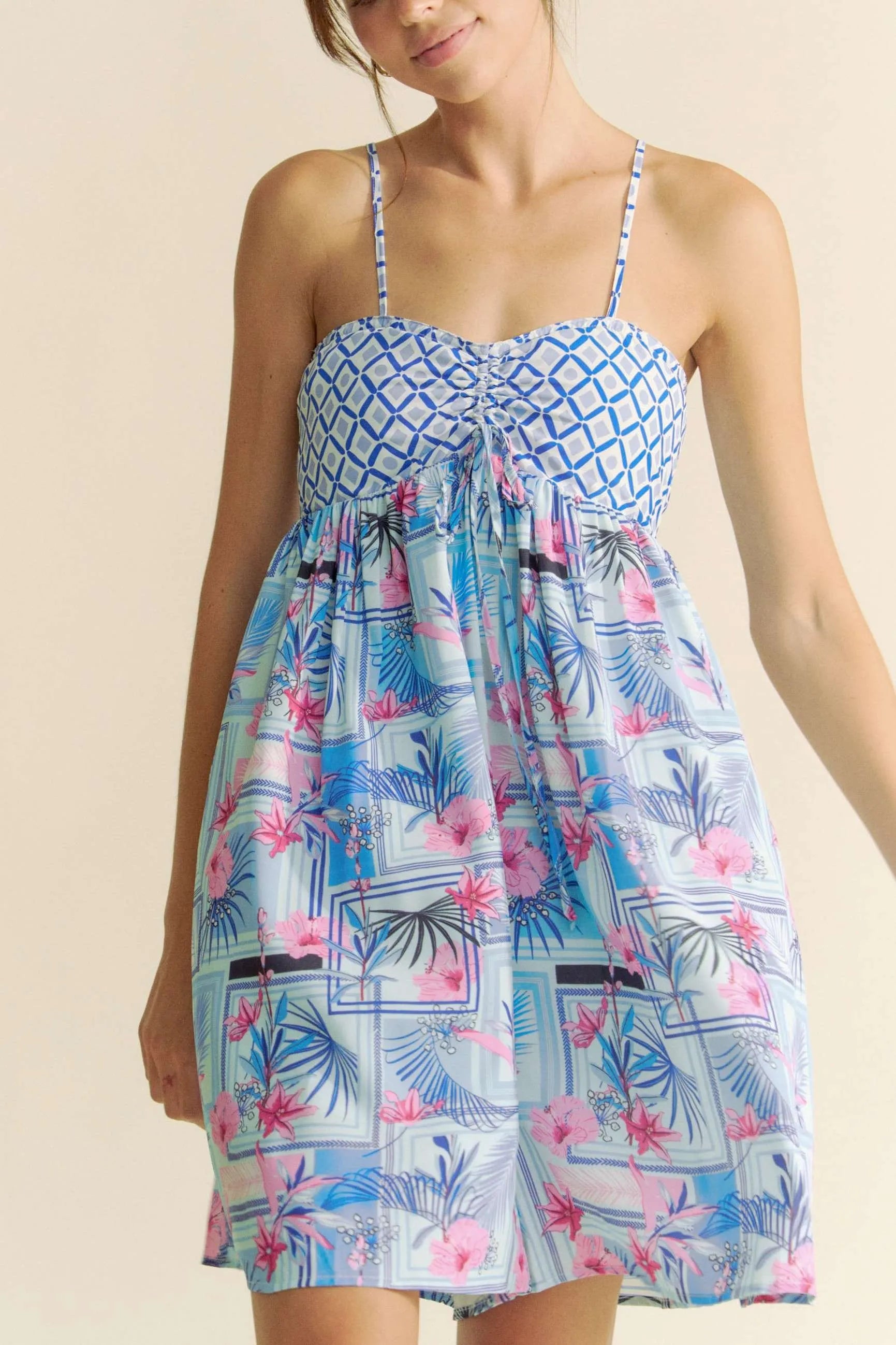 Tropical Floral Geo Print Tie Back Tube Top Romper in Blue Pink for Women