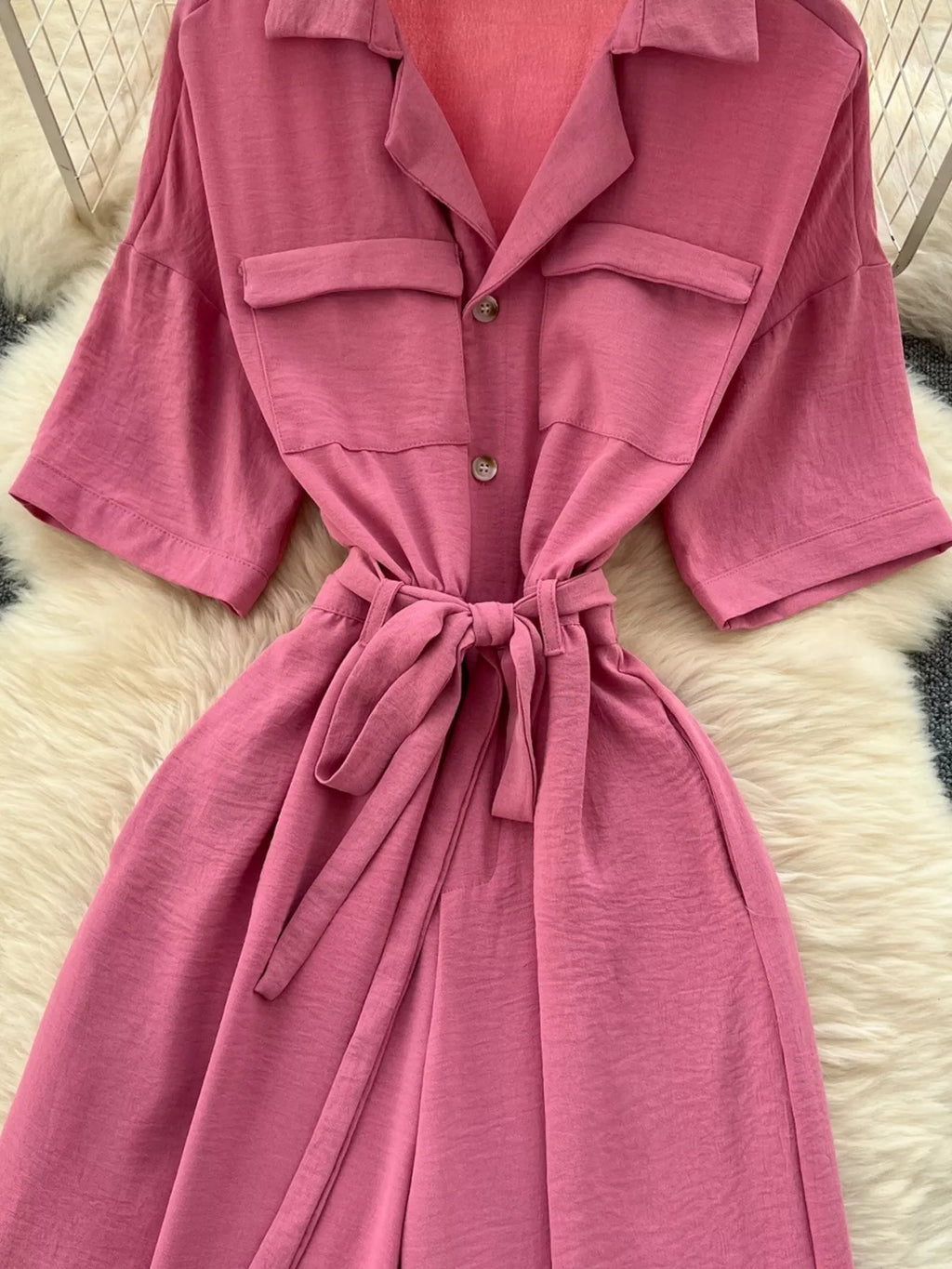 Pink Tie Waist Wide Leg Jumpsuit for Women