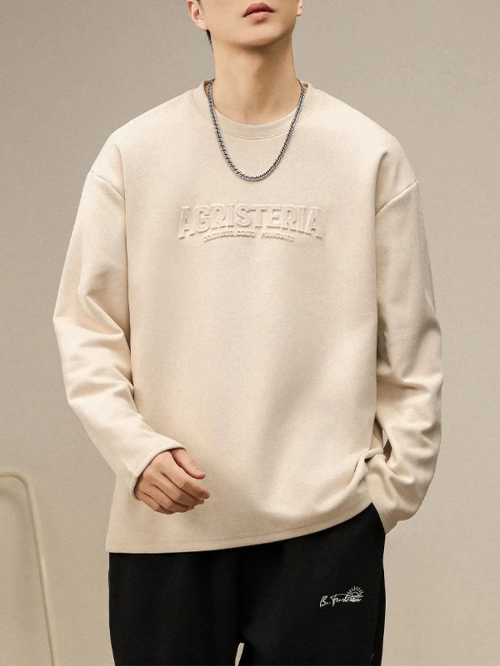Plus Size Round Neck Long Sleeve Sweatshirt in Black for Men