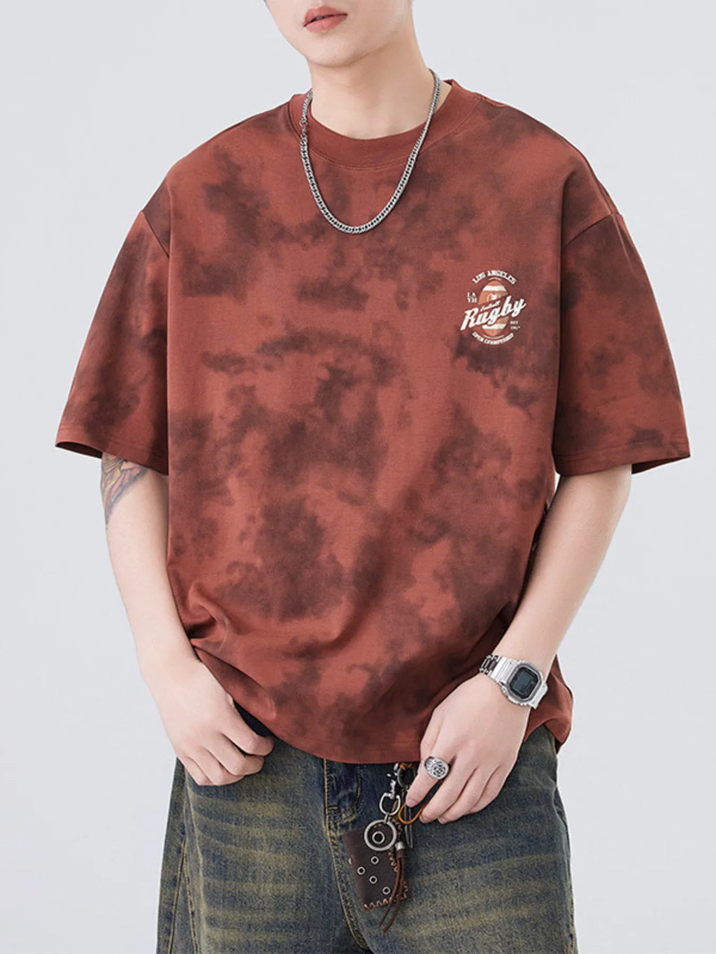 Plus Size Round Neck Short Sleeve T-Shirt in Beige for Men