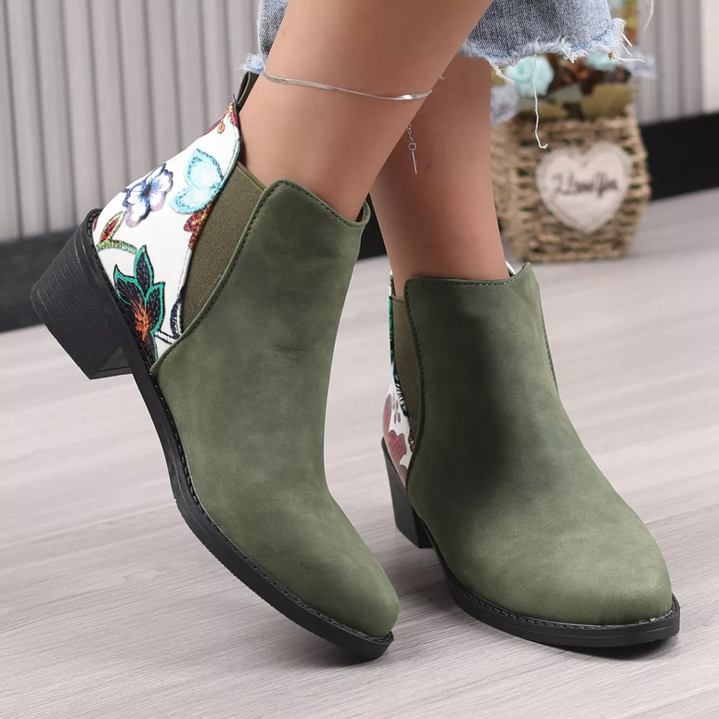Point Toe Block Heels Ankle Boots in Pure Green for Women