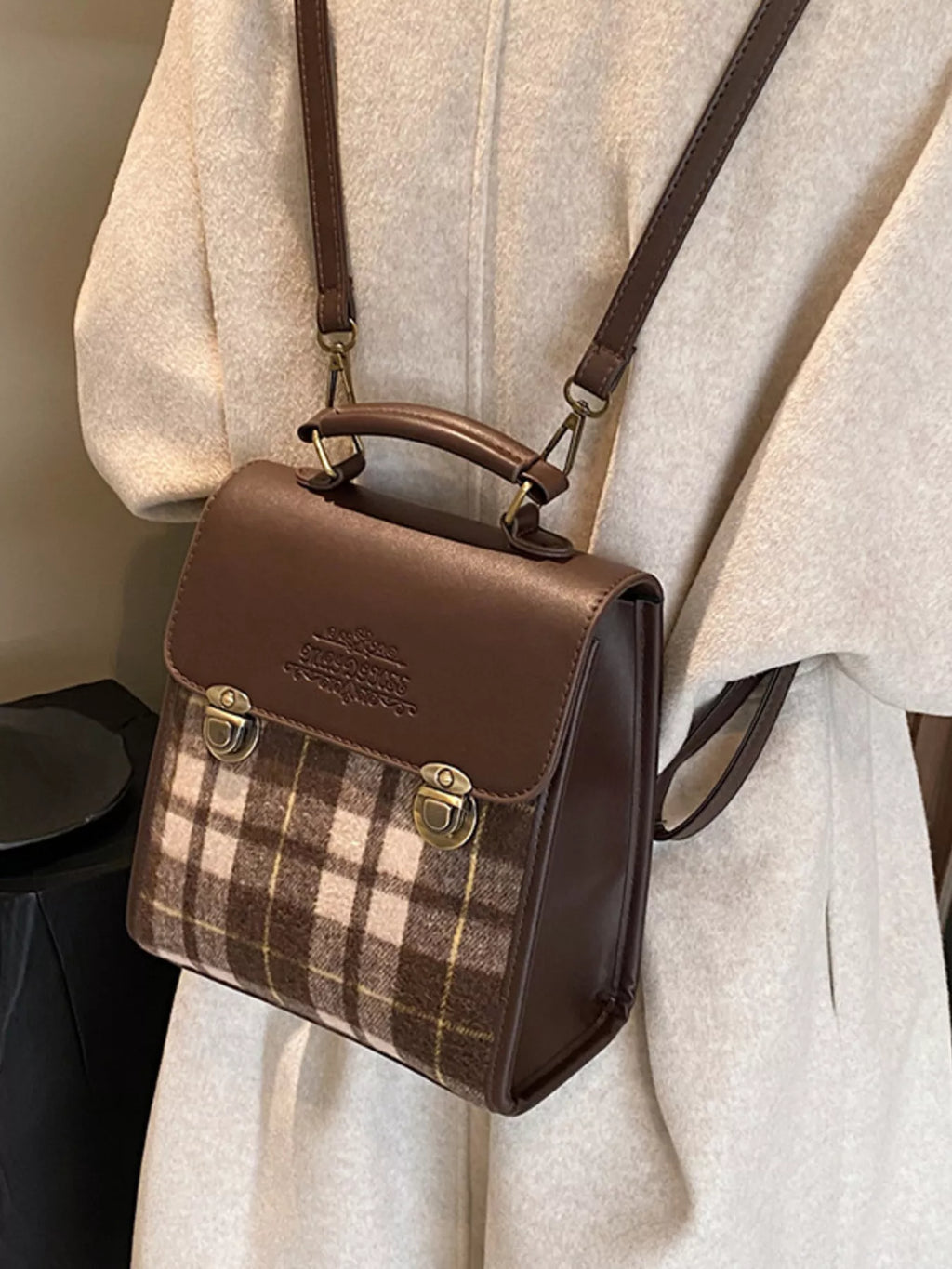 Vintage Plaid Flap Backpack Bag for Women
