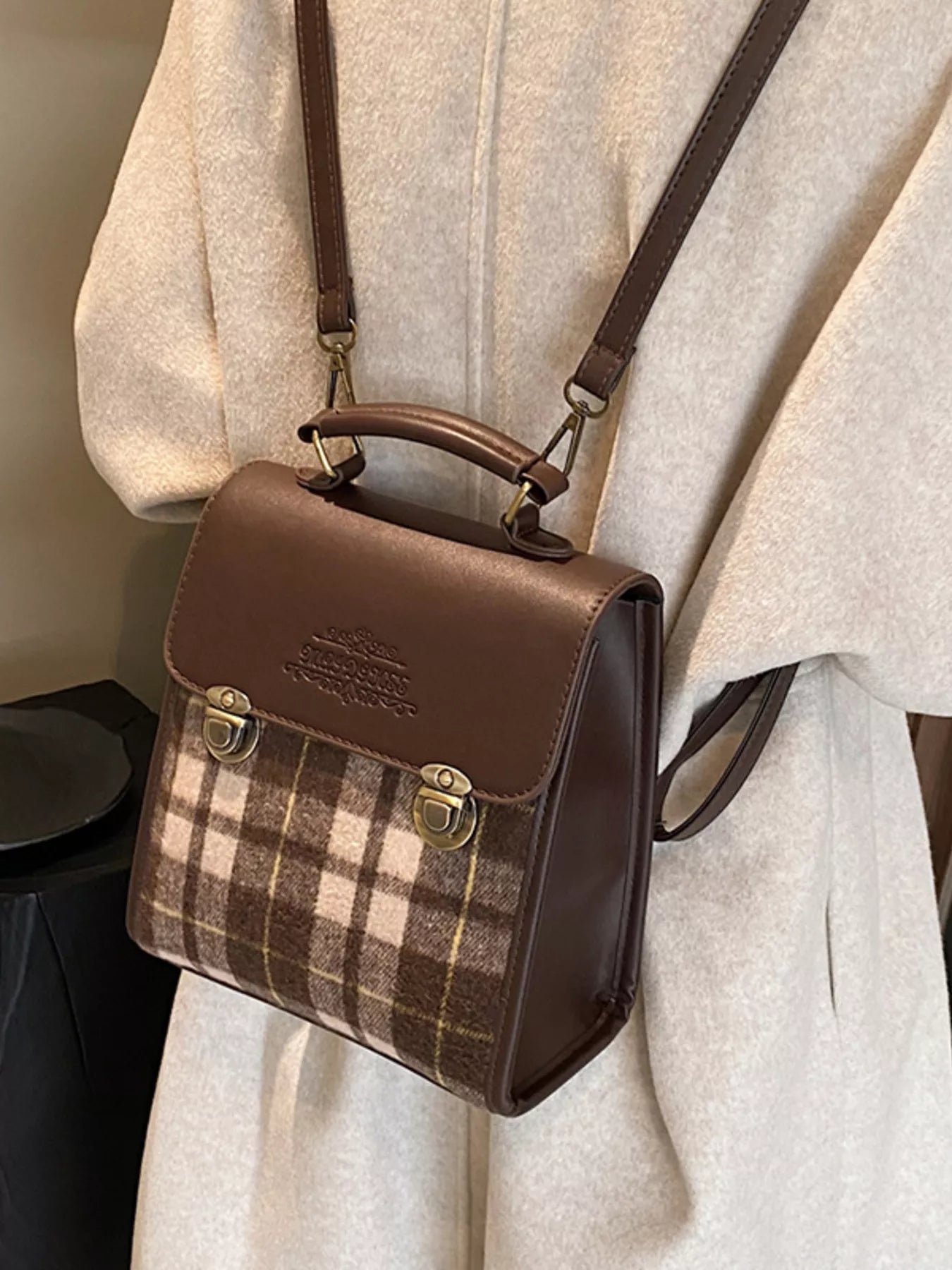 Vintage Plaid Flap Backpack Bag for Women
