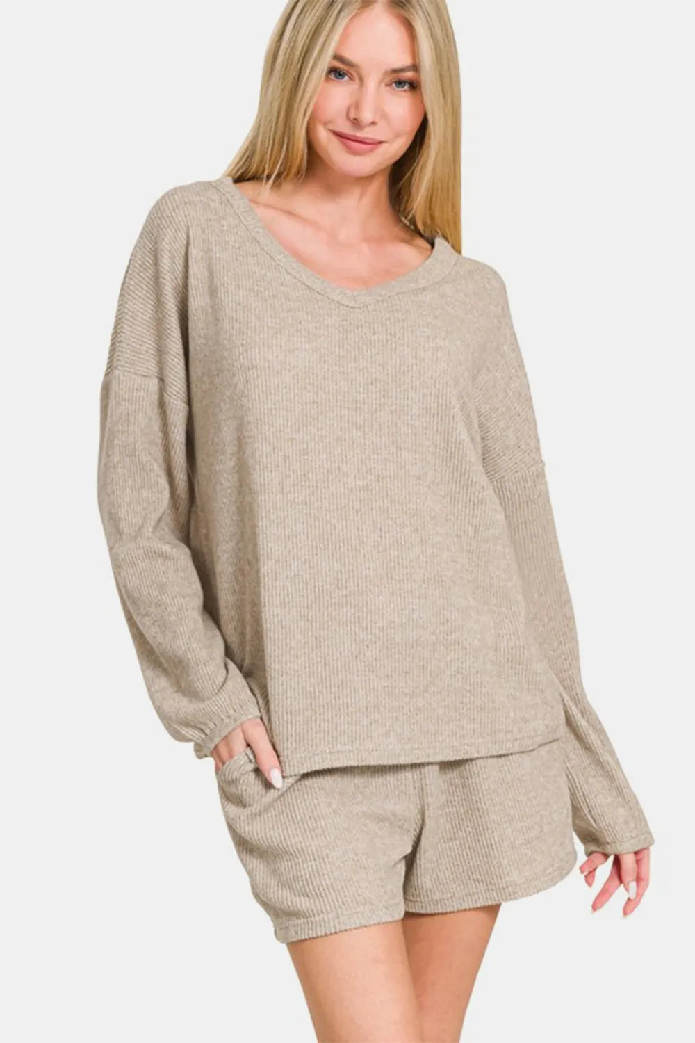 V-Neck Long Sleeve Ribbed Top and Shorts Set in Khaki for Women