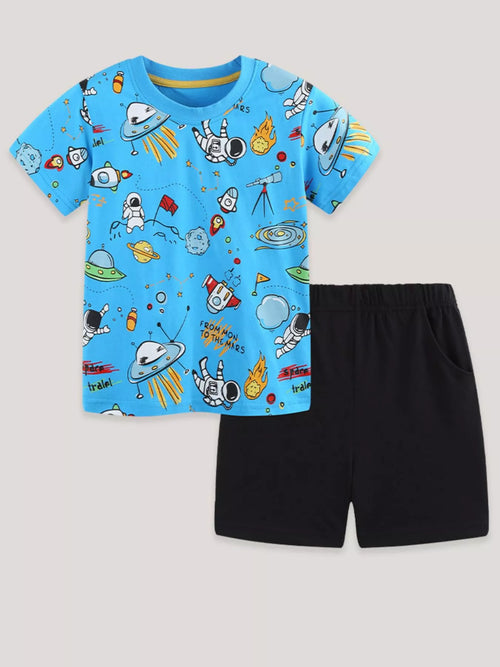 Astronaut Print Tee & Shorts Set in Sky Blue for Boys