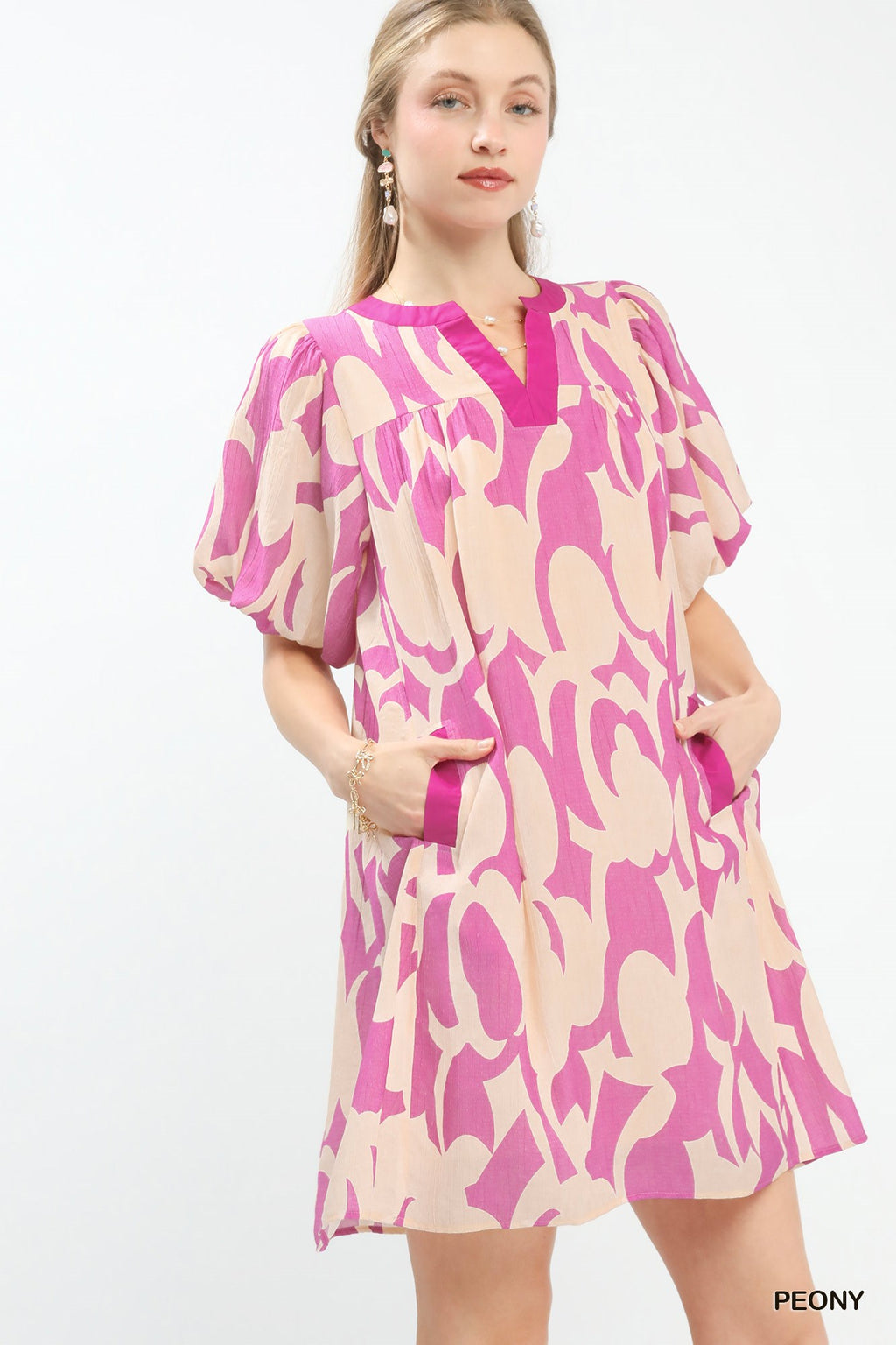 Abstract Print Puff Sleeve Shift Dress in Peony for Women