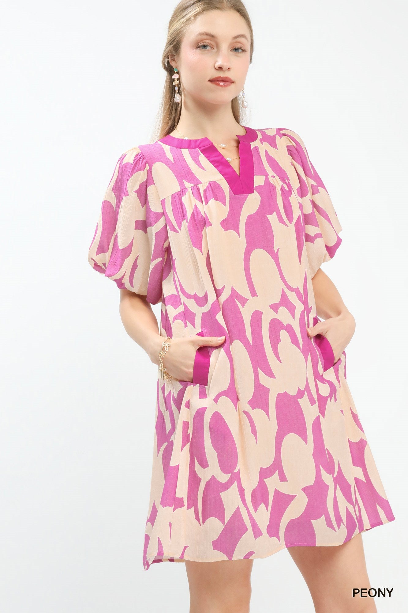 Abstract Print Puff Sleeve Shift Dress in Peony for Women