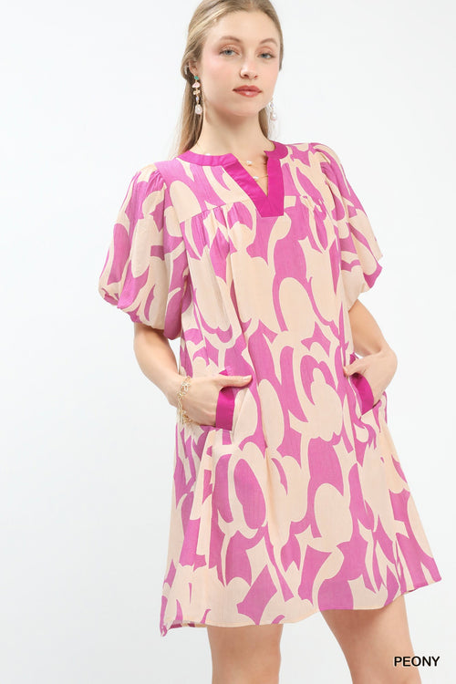 Abstract Print Puff Sleeve Shift Dress in Peony for Women