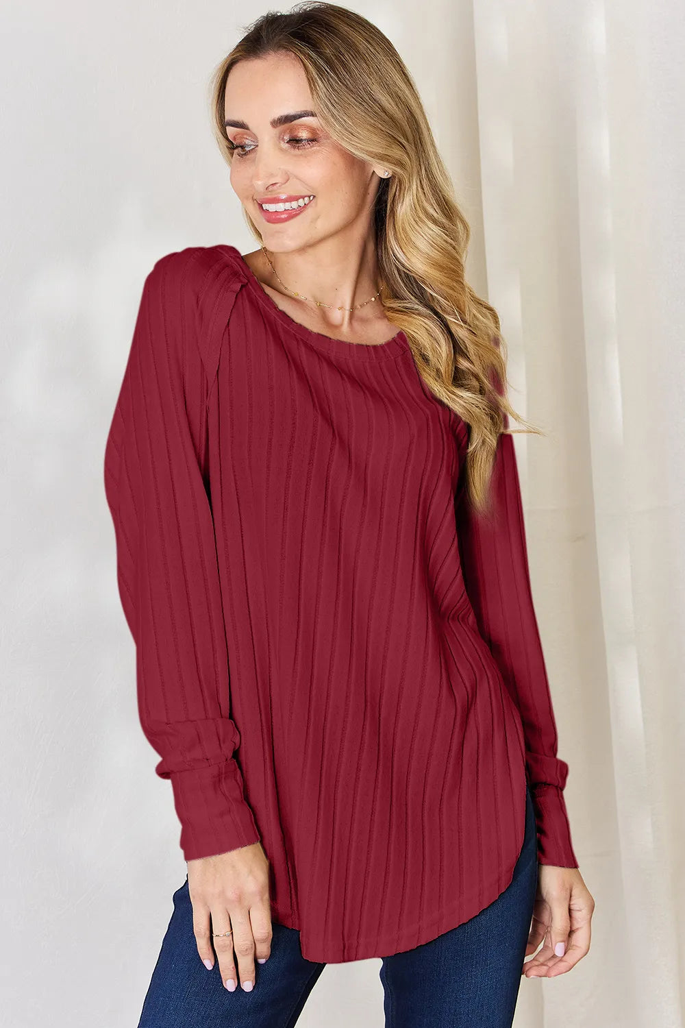 Plus Size Ribbed Round Neck Slit T-Shirt in Deep Red for Women