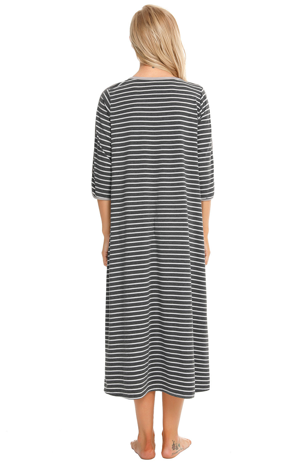 Round Neck Three-Quarter Sleeve Midi Night Dress in Deep Red for Women