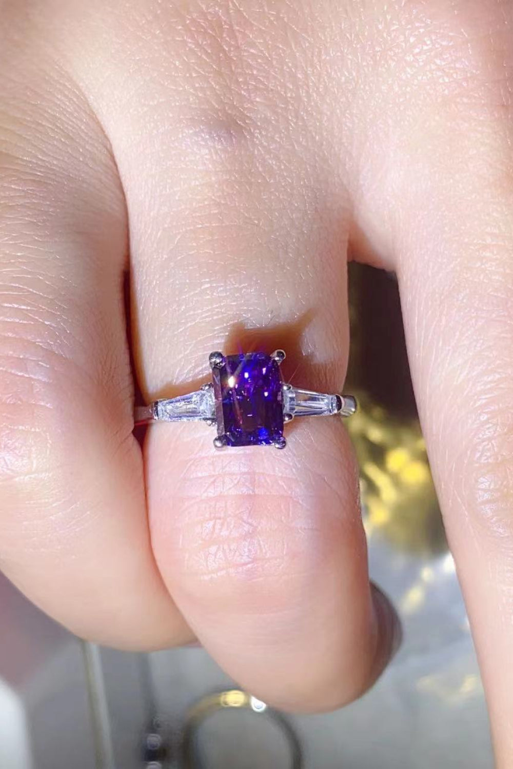 1 Carat Moissanite Platinum-Plated Rectangle Ring in Purple for Women