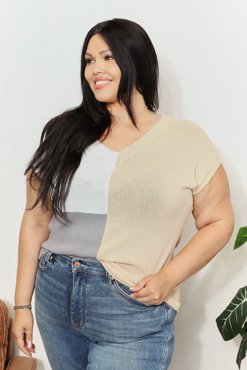 Color Block V-Neck Knit Top in Watermelon Pink for Women