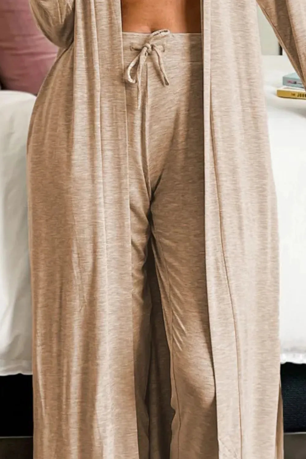 Open Front Long Sleeve Cardigan and Pants Lounge Set in Black for Women