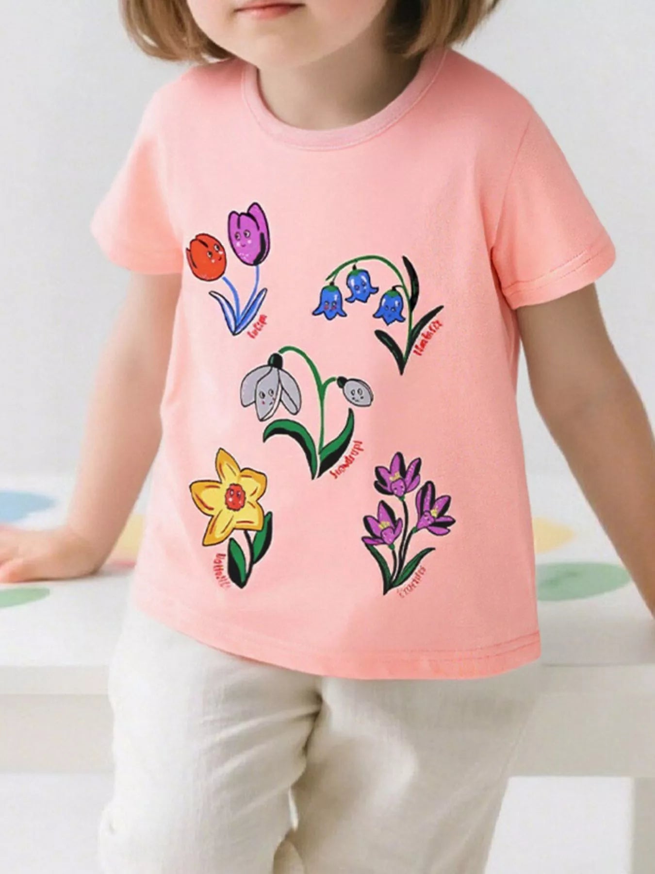 Floral Print Crew Neck T-Shirt in Watermelon Pink for Girls