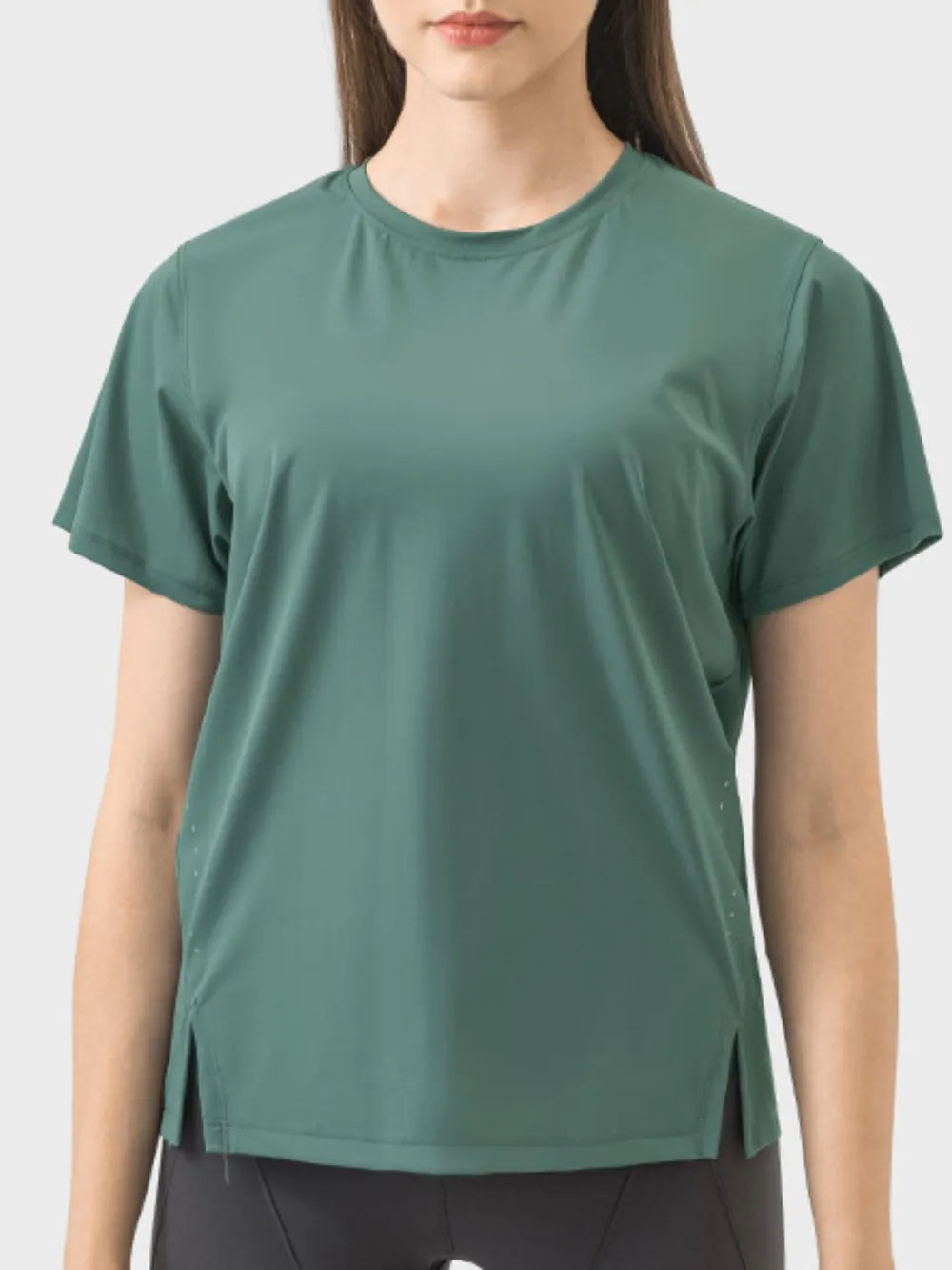 Slit Round Neck Short Sleeve Active T-Shirt in Dark Green for Women