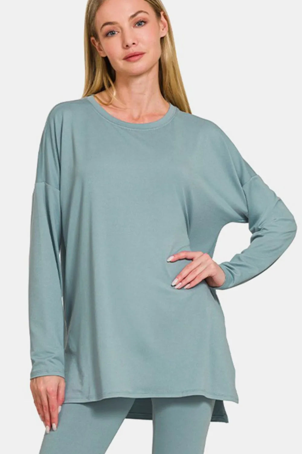 Plus Size Brushed Microfiber Top and Leggings Lounge Set in Blue Grey for Women