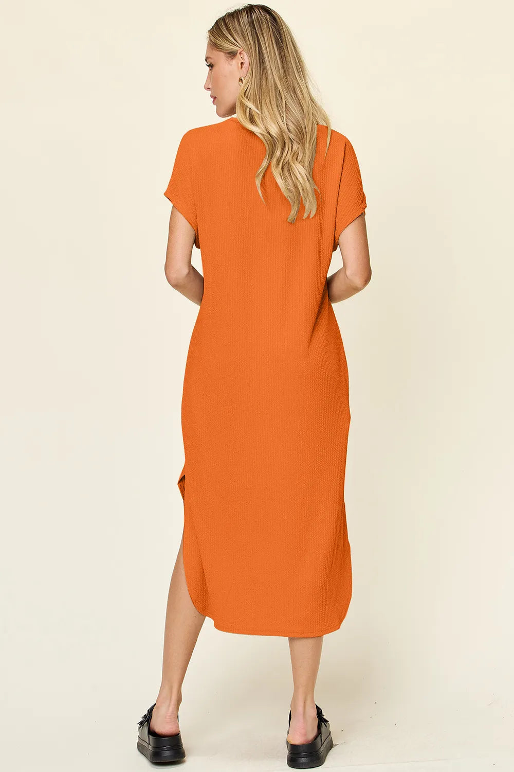 Plus Size Round Neck Short Sleeve Slit Dress in Tangerine for Women