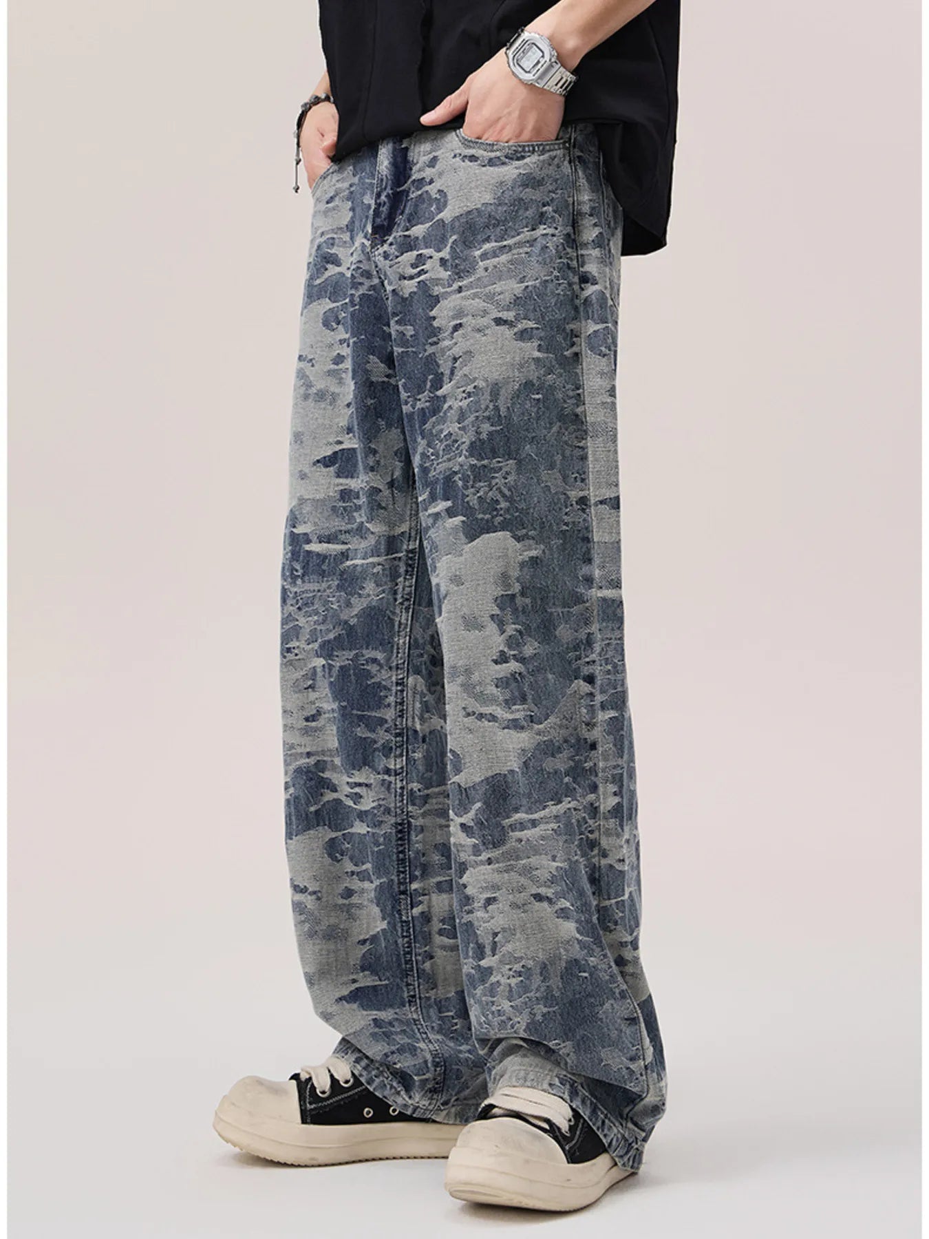 Wash Wide Leg Jeans in Blue Jacquard for Men