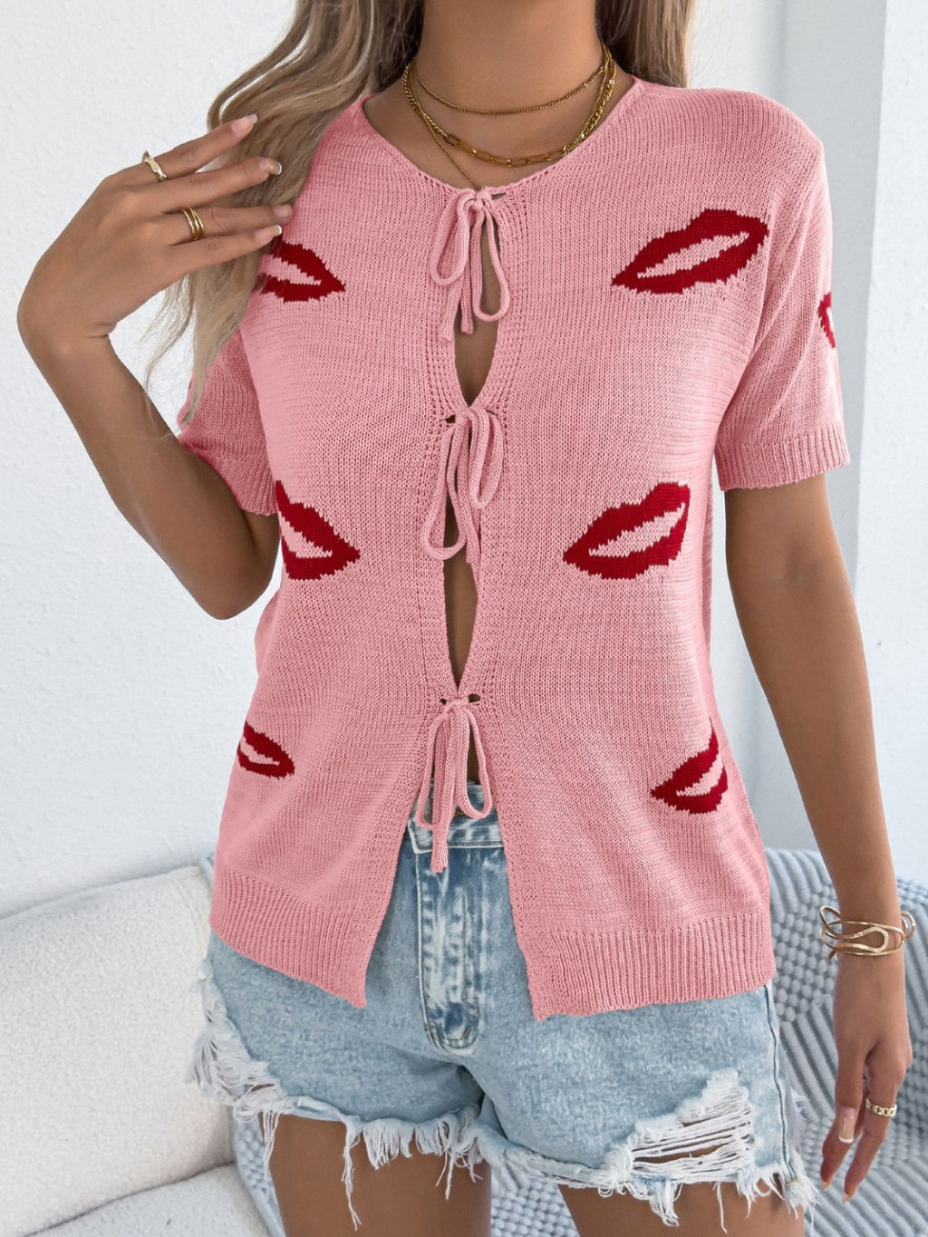 Lips Tie Front Knit Cardigan in Pink for Women