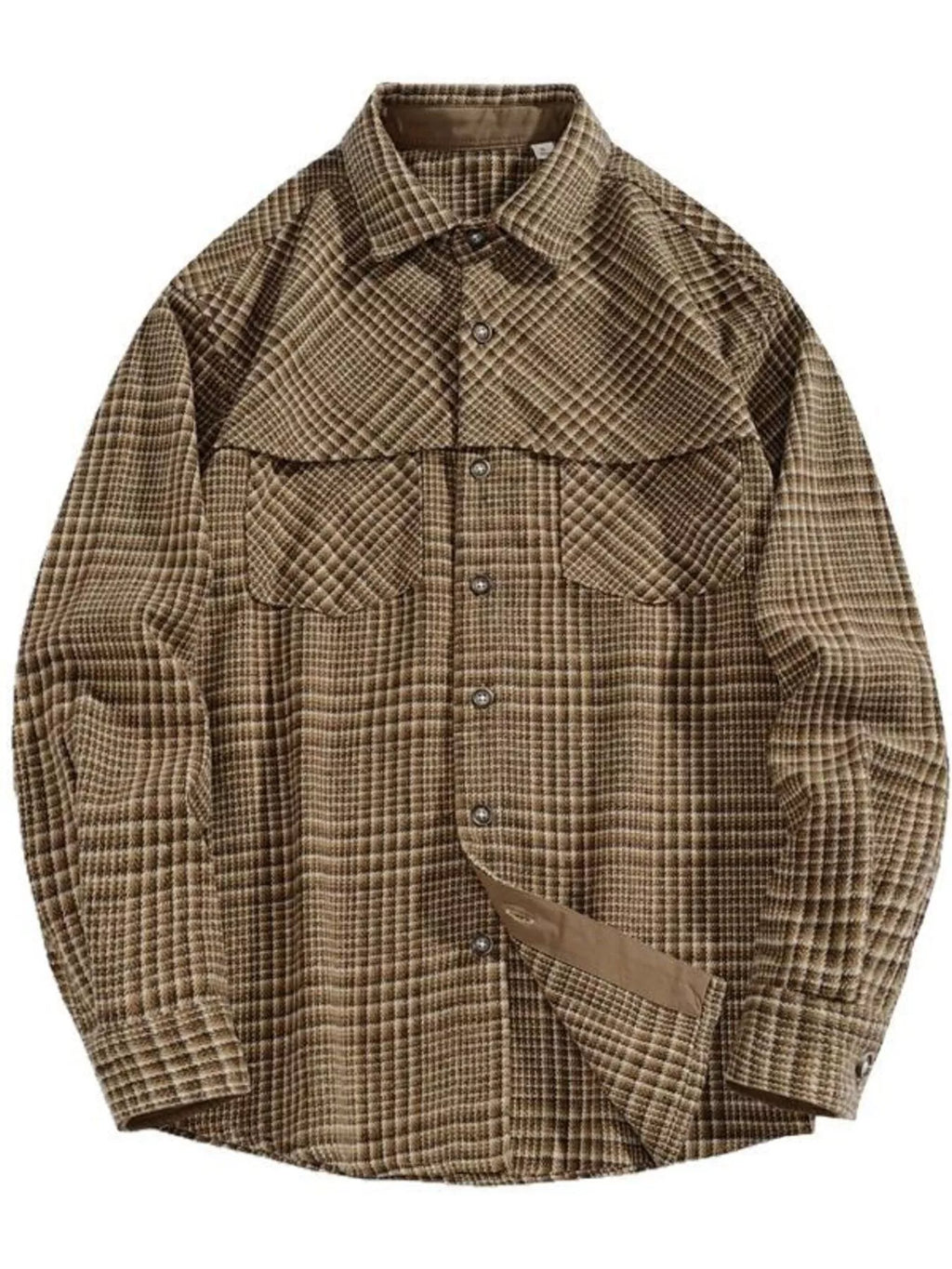 Plus Size Plaid Button Up Long Sleeve Shirt in Coffee Color for Men