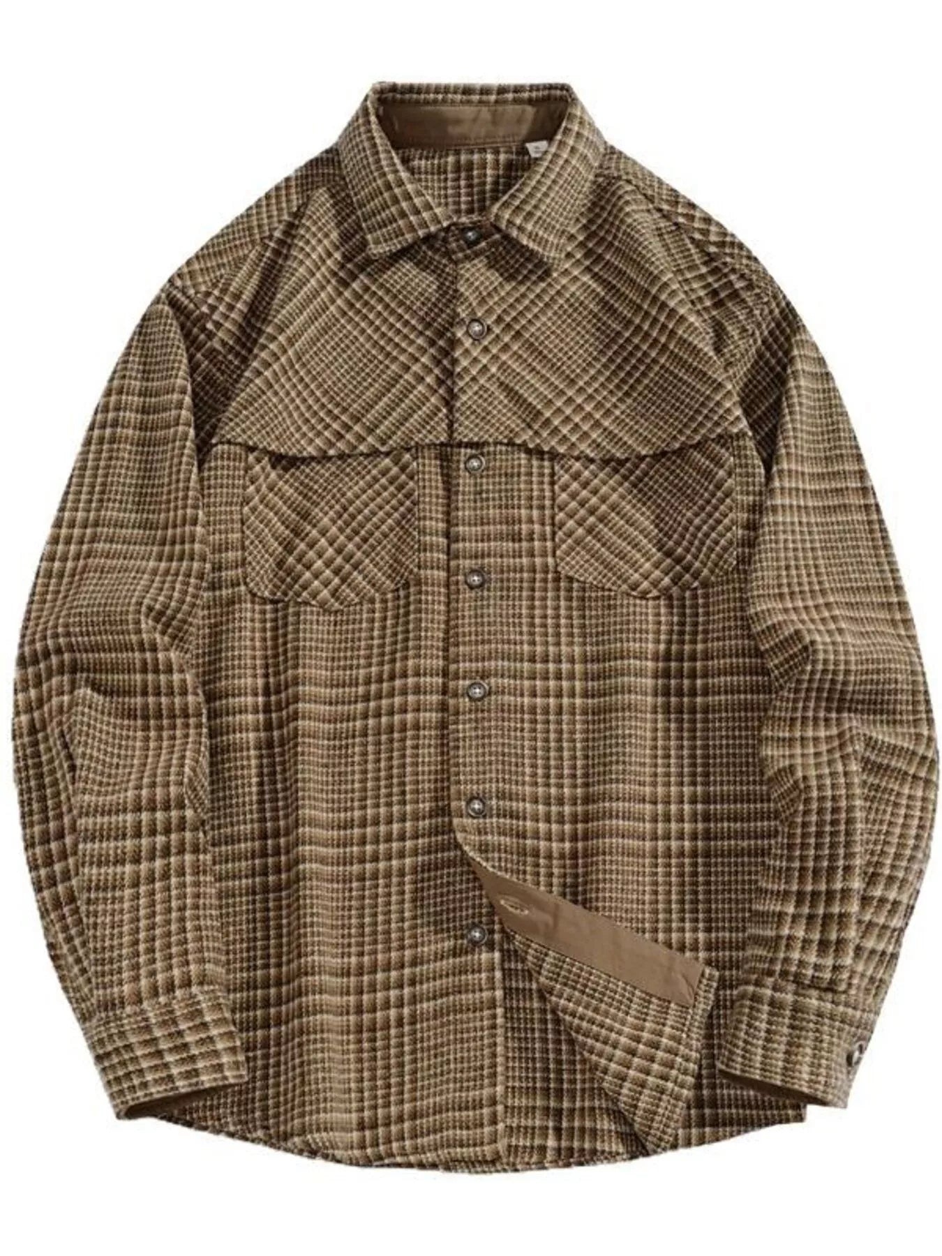 Plus Size Plaid Button Up Long Sleeve Shirt in Coffee Color for Men
