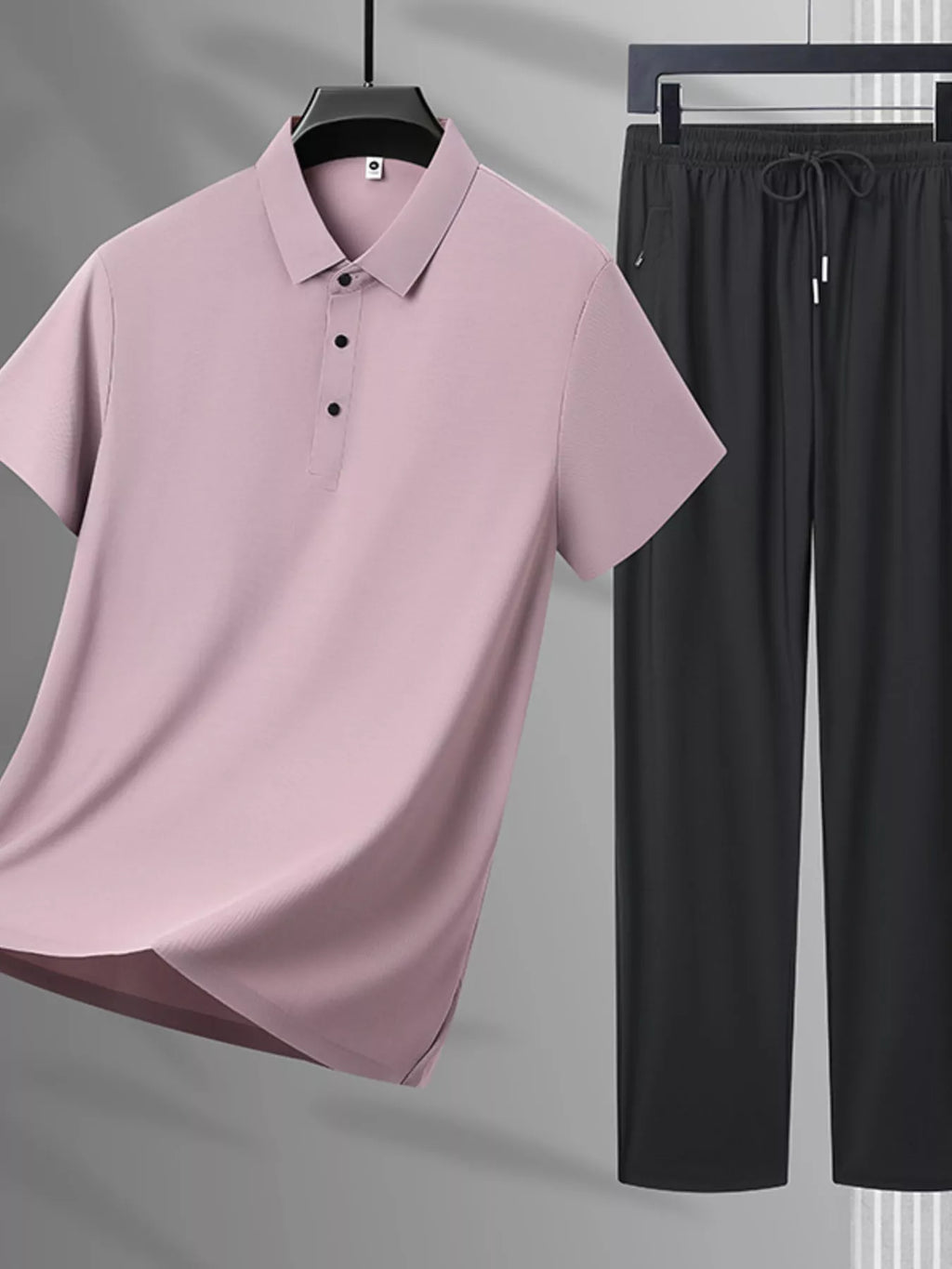 Plus Size Button Detail Polo and Pants Set in Black for Men