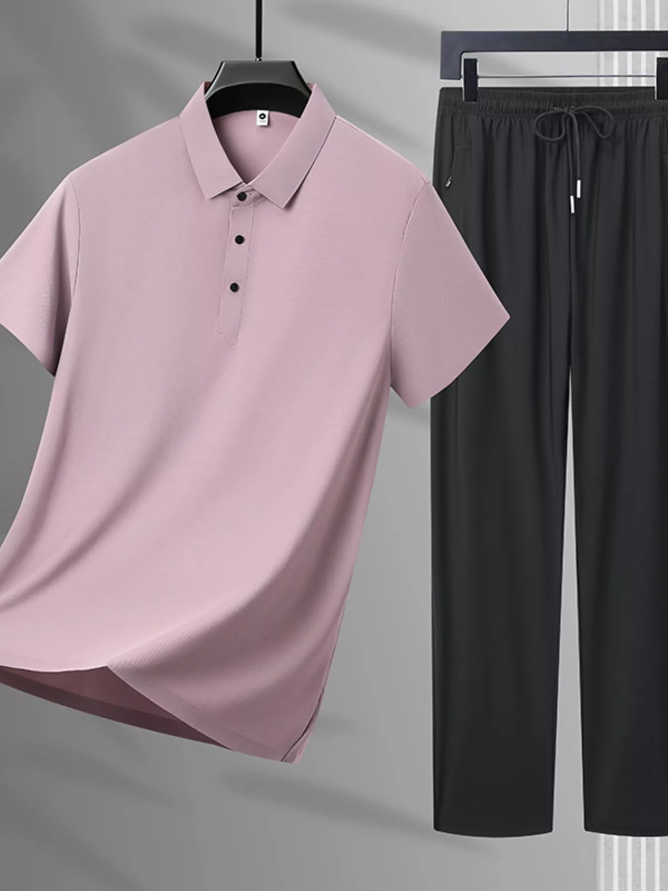 Plus Size Button Detail Polo and Pants Set in Black for Men