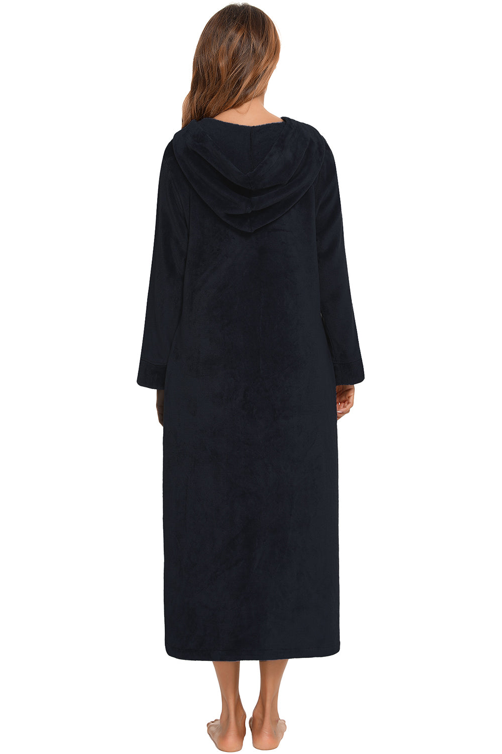 Zip Front Hooded Night Dress with Pockets in Black for Women