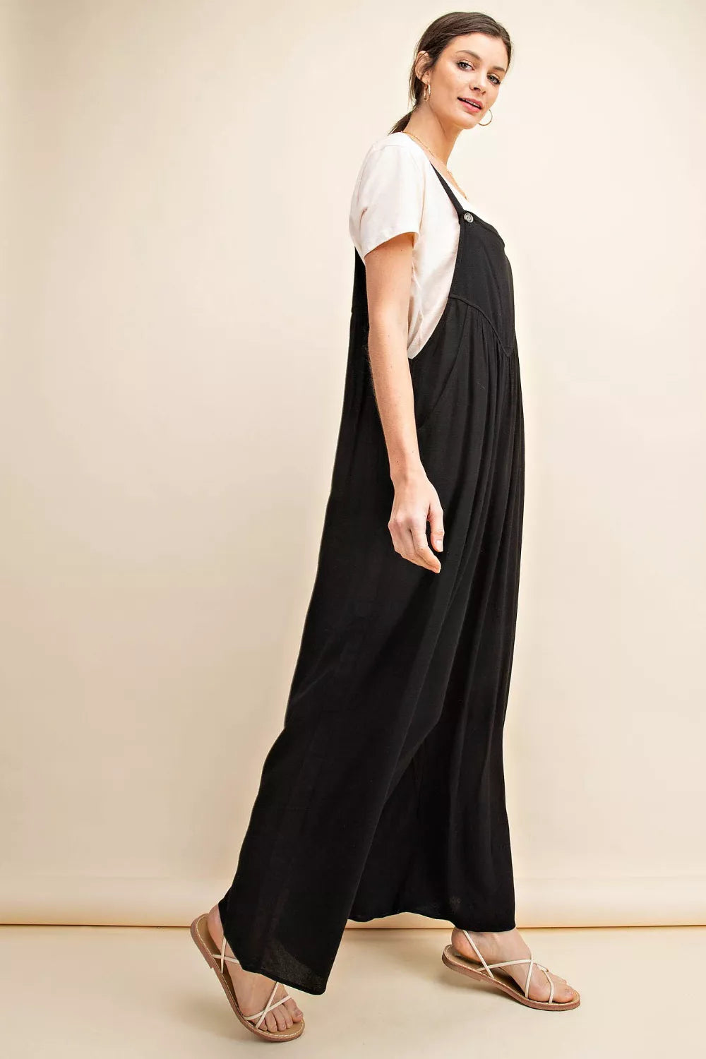 Kori America Plus Size Sleeveless Ruched Wide Leg Overalls in Black for Women