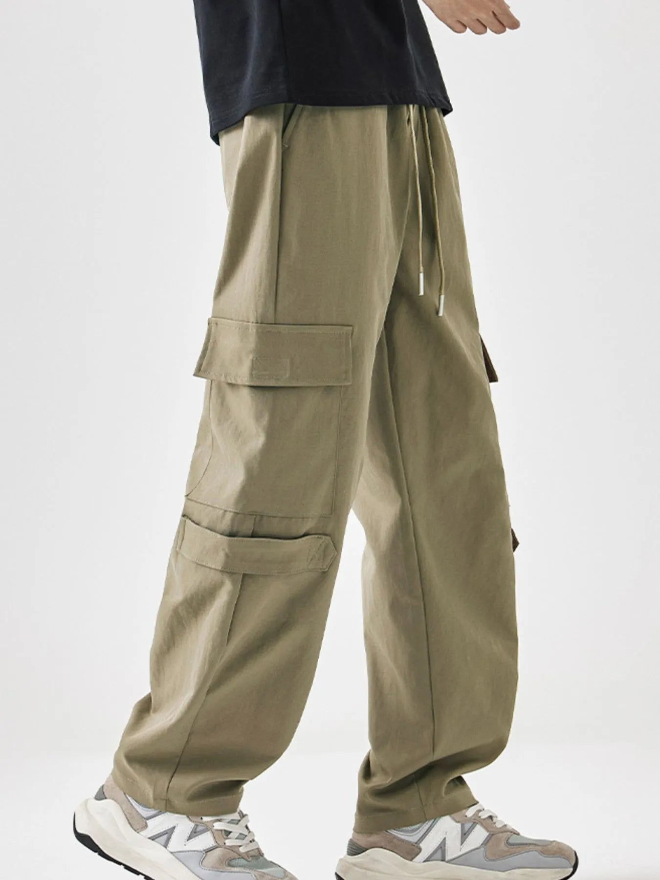 Plus Size Multi-Pocket Cargo Utility Pants with Drawstring Waist in Khaki for Men