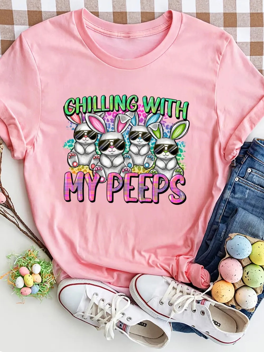 Chilling with My Peeps Round Neck T-Shirt in Blush Pink for Women