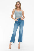 Raw Hem Distressed Mid Rise Crop Jeans in Medium for Women