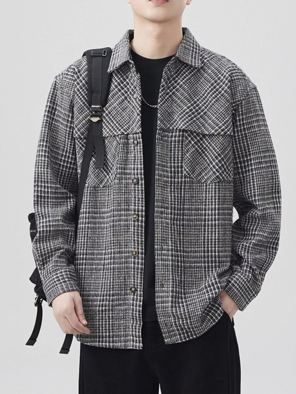 Plus Size Plaid Button Up Long Sleeve Shirt in Coffee Color for Men