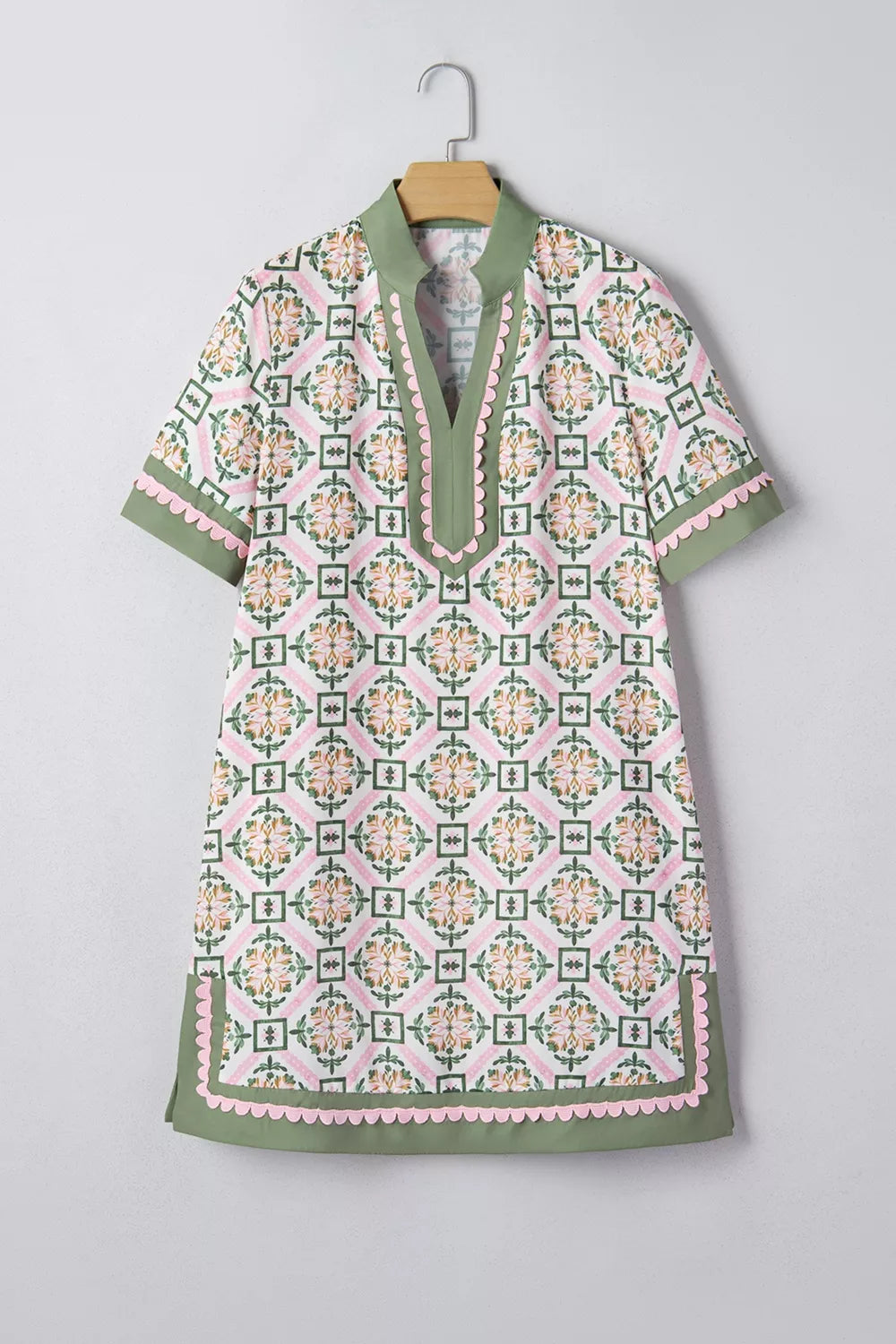 Multicolour Boho Geometric Flower Print Short Sleeve Loose Mini Dress in Floral for Women